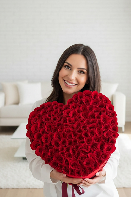 100 Kırmızı Gül Kalp Kutuda