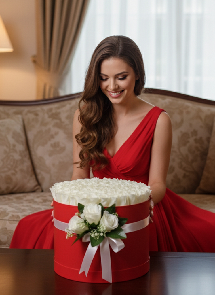 50 Beyaz Gül Kırmızı Kutuda